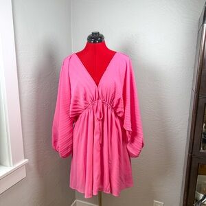 Promesa Boho Hot Pink Pleated Sleeve V-Neck Tie Back Mini Dress Size S